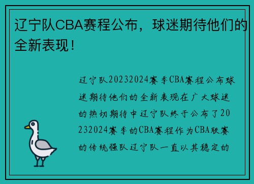 辽宁队CBA赛程公布，球迷期待他们的全新表现！